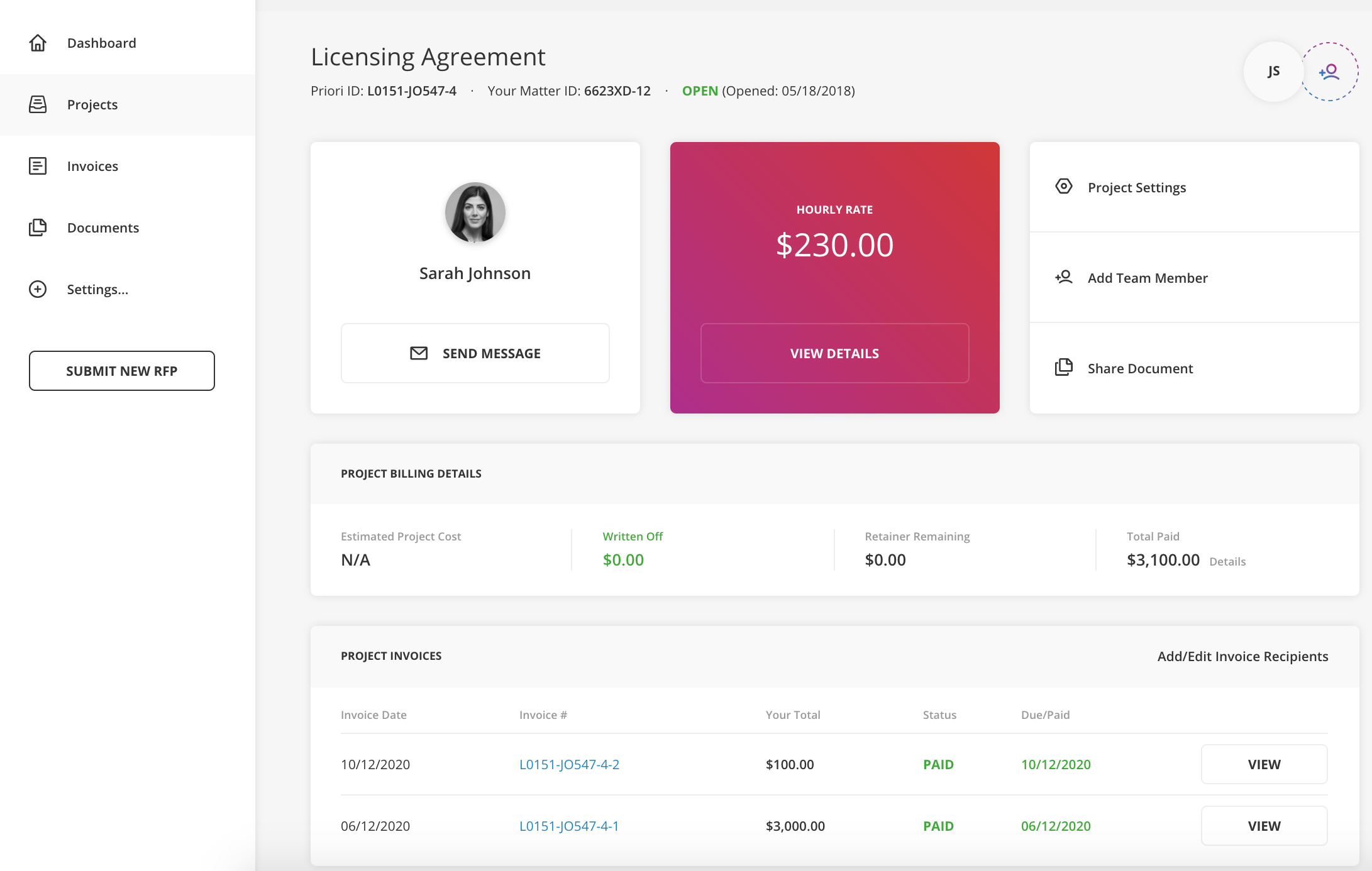 Screenshot displaying an example of the Project view within the Priori platform. From your project page, you can view invoices, see your provider's hourly rate, share the project with your team members, and more. 